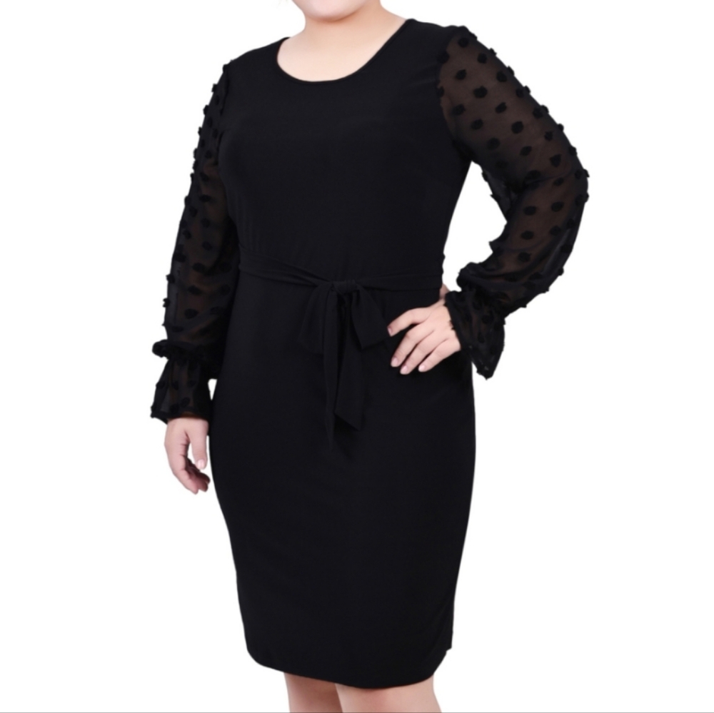 NY Collection Plus Size Long Chiffon-Sleeve Knit Dress in Black 1X